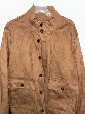 Men's Suede-Look Button Bomber Jacket - Brown